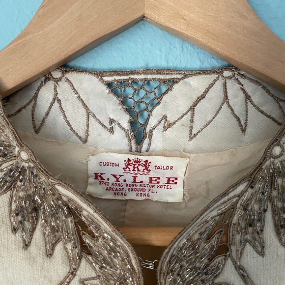 vintage beaded embroidered cardigan. floral antique brown cream hong kong wool - Picture 2 of 8